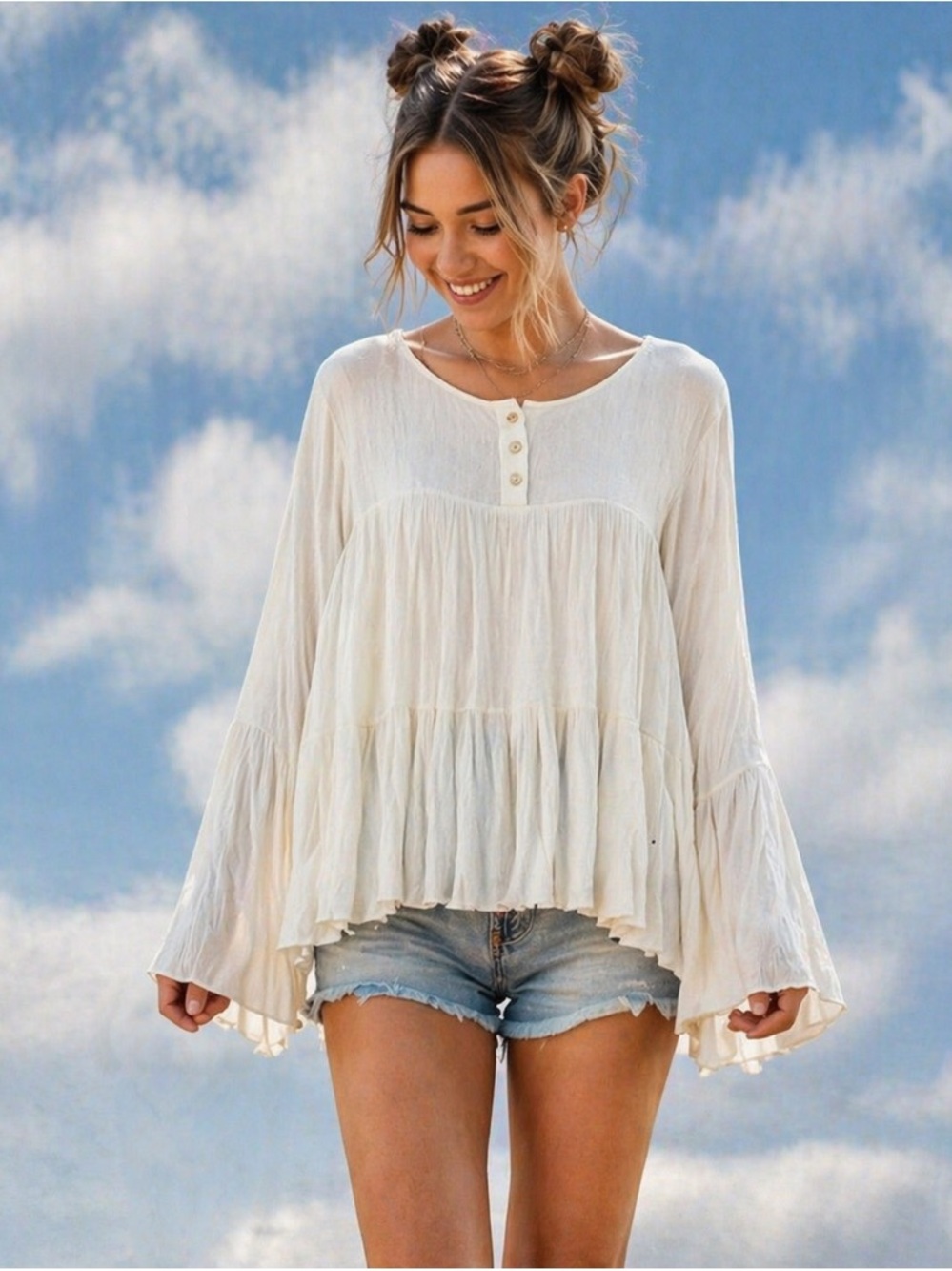 Soft Surroundings Gauze Blouse Medium Boho Cream Flowy Tiered Top Bell Sleeve - Picture 5 of 8